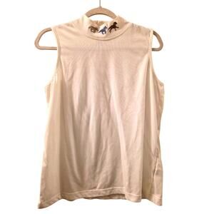 Vtg 90s Running Horse Embroidered Mock Neck White Sleeveless Top Tank Size L